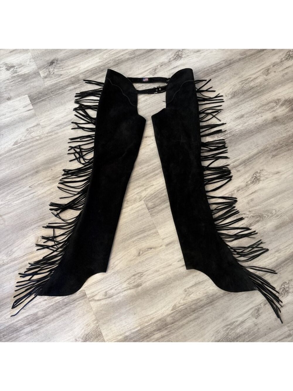 Vtg Whitman USA Black Suede Leather Chaps Adult Small Fringed Western Cut Riding